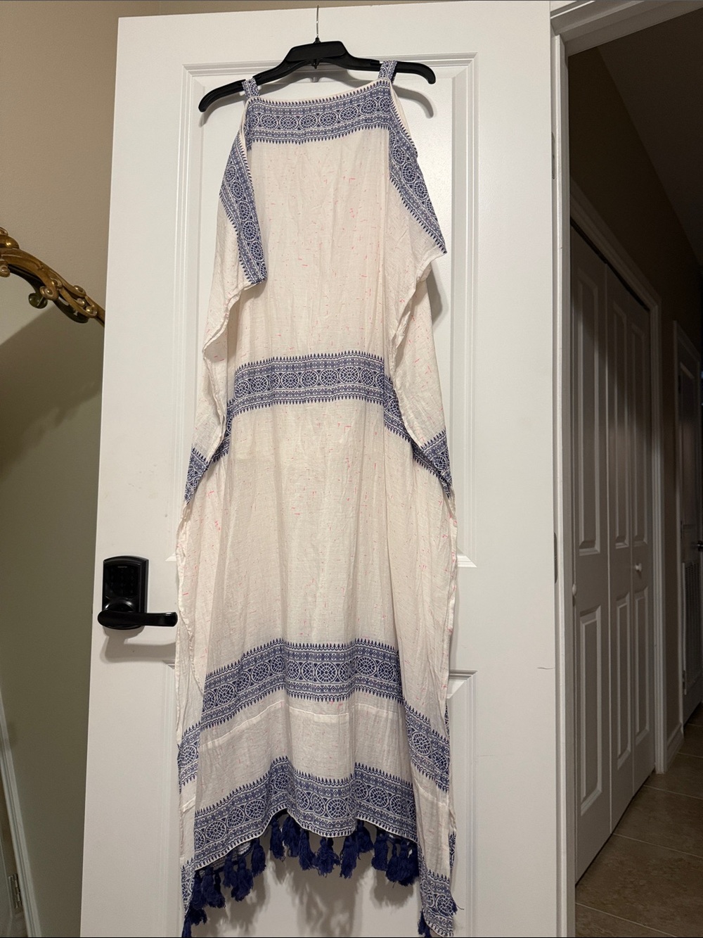 White Maxi Dress with Blue Trim and Tassel Hem